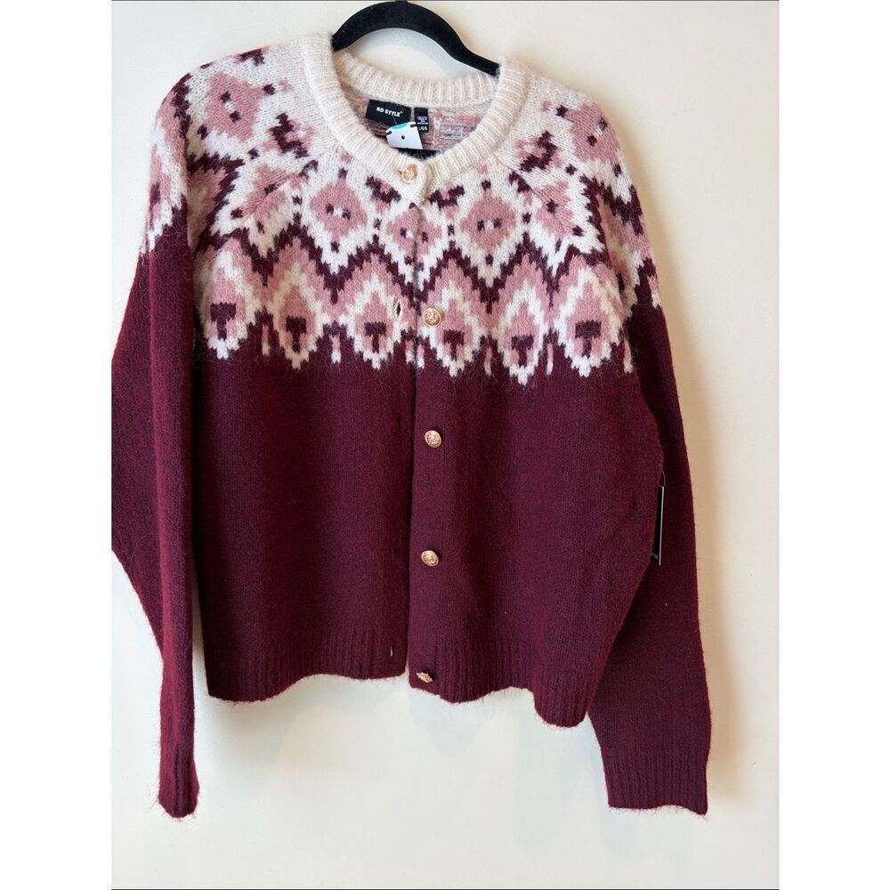 Cozy Patterned Crewneck Cardigan Sweater - Burgundy & Pink
